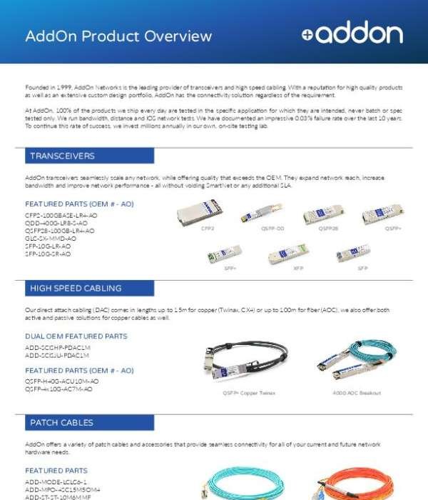 Selecting the appropriate optical and networking equipment can be quite a challenge. This datasheet highlights the advantages of AddOn and presents its wide range of products, including transceivers, high-speed DACs, memory, media converters, NICs, patch cables, SSDs, and more. Download the datasheet and reach out to Beta Corp for assistance in identifying the best AddOn solutions tailored to your requirements.
