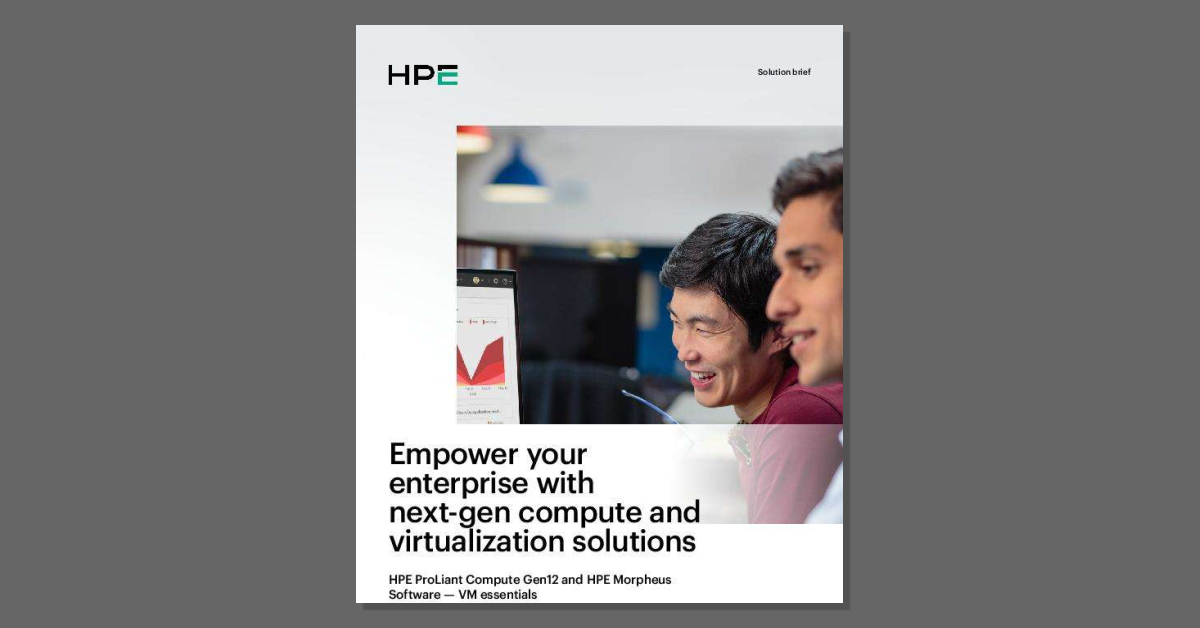 In this brief, you'll see how HPE ProLiant Compute Gen12 and HPE Morpheus Software -- VM essentials help you reimagine your virtualization strategy.

By reading the HPE brief and watching the demo, you'll learn how to:
- Cut virtualization licensing costs by **up to 90%** with socket-based pricing compared with traditional VMware core-based models.
- Achieve **up to 65% power savings** and **up to 41% better performance per watt** versus prior Gen10 systems through 7:1 server consolidation.
- Improve security with silicon root of trust, secure enclave, and FIPS 140-3 Level 3/CNSA 2.0-ready designs.
- Simplify VM management across VMware ESXi and HVM from one interface, including bulk migration and enterprise-grade HA and live migration.

Our team, as your HPE partner, can help you translate these capabilities into a practical roadmap: assessing your current VMware footprint, modeling cost and power savings, planning phased migrations, and integrating HPE Morpheus VM essentials with your existing tools. Use this content to understand concrete outcomes--lower TCO, stronger security, and streamlined operations--before you redesign your next-gen compute platform. Contact us to get started today!