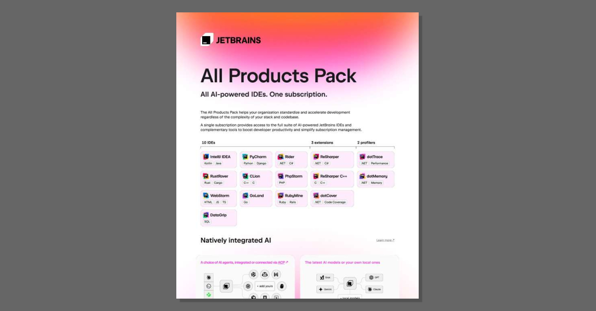 You may be paying more than you need to for developer tools in your healthcare or cybersecurity environment. The Extended All Products Pack whitepaper shows how one JetBrains subscription can replace a stack of separate licenses, unifying 10 AI-powered IDEs, 3 extensions, 2 profilers, and JetBrains AI Pro.

With SOC 2 security and potential savings of up to 76% versus buying individual licenses, Beta Corp can help you evaluate where consolidation makes sense, align with your security and compliance needs, and map the numbers to your own environment. Complete the form to download the whitepaper and review the full cost and security breakdown for your organization.