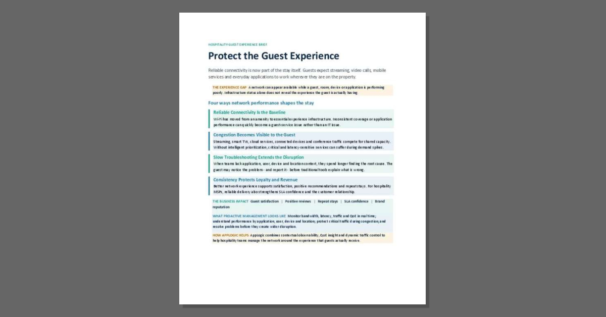 A network can show as available while a guest's streaming, video call, or app experience falls short. This guest experience brief outlines four ways network performance shapes the stay, from congestion during demand spikes to slow troubleshooting. It also shows how AppLogic combines contextual observability, QoE insight, and dynamic traffic control so you can manage your network around what guests actually experience. For ideas on protecting satisfaction, loyalty, and repeat stays, download the brief.