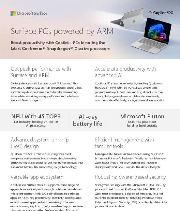 Explore the exciting world of technology with Surface Copilot+ PCs, powered by ARM & the latest Snapdragon X series processors. These PCs provide a fast startup, exceptional battery life, and perform demanding tasks efficiently while remaining energy-efficient. The introduction of 64-bit app support, ARM64EC for hybrid app development, and native developer tools like Visual Studio reflect Microsoft's long-term commitment to technology evolution. Enjoy seamless on-device AI activities with an industry-leading Qualcomm Hexagon NPU with 45 TOPS. This highly-efficient design enables all-day productivity. Microsoft's Pluton security processor strengthens security and ensures maximum protection for your biometric data. Surface Copilot+ PCs are designed to provide industry-leading AI experiences, increasing productivity, creativity, and innovation significantly. Backed by a strong legacy of innovation, these devices provide a technological edge in multiple fields. Contact us today to learn more about these new Surface devices and order now!