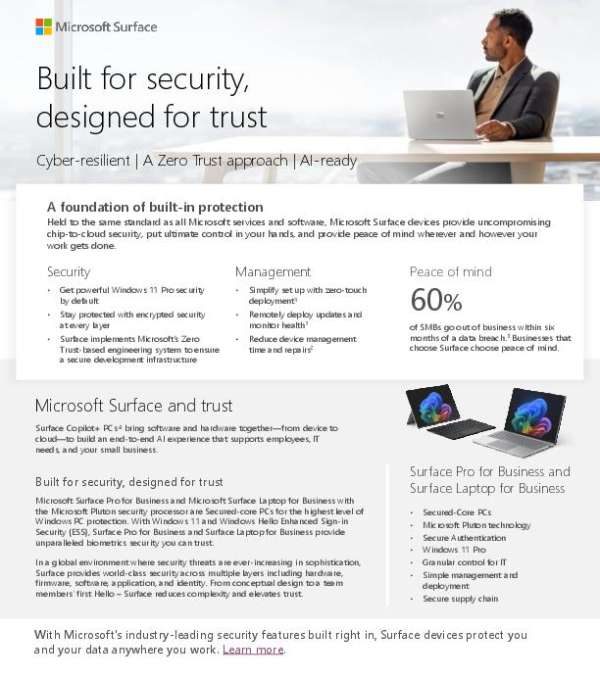 Microsoft's Surface for SMB - Security Flyer explores the many layers of security provided by Microsoft Surface devices and Windows 11 Pro. For small to medium businesses (SMBs), cybersecurity is instrumental in maintaining data integrity and business reliability. Learning from this guide, you will understand how the Microsoft Surface range offers robust security, from chip-to-cloud to secure software. The devices utilize Microsoft's Zero Trust-based engineering system, reflecting a commitment to the highest level of security. With features like the Microsoft Pluton security processor and Windows Hello Enhanced Sign-in Security (ESS), these devices offer unmatched biometric security. Plus, they streamline IT management with zero-touch deployment. SMBs choosing Surface devices are choosing peace of mind in an era of sophisticated threats. For more information and to order the latest Surface devices with Windows 11 security, contact us today!