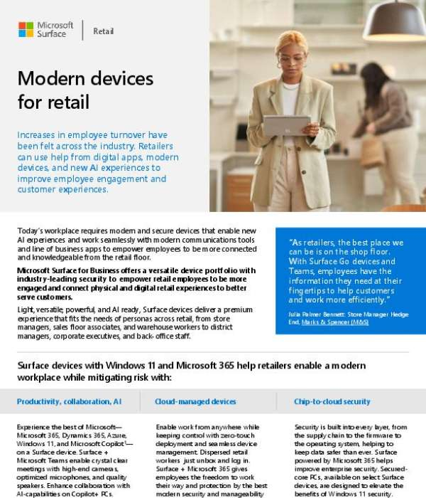 This week, we're excited to introduce the new Surface Copilot+ PCs powered by the latest Snapdragon X processors. Created by Microsoft to transform the retail space, these modern, light, and powerful devices are ready with top-notch AI capabilities. These devices aim to reshape retail experiences, catering to all roles from store associates to corporate executives. The Surface devices are integrated with Windows 11 and Microsoft 365, to redefine efficiency and security in the retail industry. Offering a seamless work-from-anywhere experience, these devices come with zero-touch deployment and easy device management. Retail employees can unbox, log in and start working, while they continue to enjoy the freedom to work their way with the assurance of top-tier security from Microsoft. The Surface Copilot+ PCs are not just secure, but are also designed with productivity and collaboration in mind. With benefits such as high-end cameras, optimized microphones, quality speakers, and AI-enhanced capabilities, Surface devices are built to transform every aspect of the retail business. Transform your retail experience with us today!