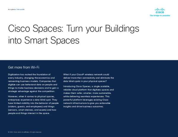 The digital era has swept all industries, offering organizations the potential to leverage behavioral data for decision-making and strategic advantages. However, institutions often encounter a data blind spot when it comes to their physical spaces. Fortunately, Cisco Spaces can transform these blind spots by turning your buildings into intelligent environments that provide valuable data insights. This reliable cloud-based platform makes spaces safer, smarter, and more sustainable while enhancing user experiences. It leverages the existing Cisco network infrastructure to provide real-time visibility and control over location services, offering key benefits like standardized interoperability, robust data privacy and seamless and secure onboarding. Read this datasheet for more information on Cisco Spaces and contact us today to get started.