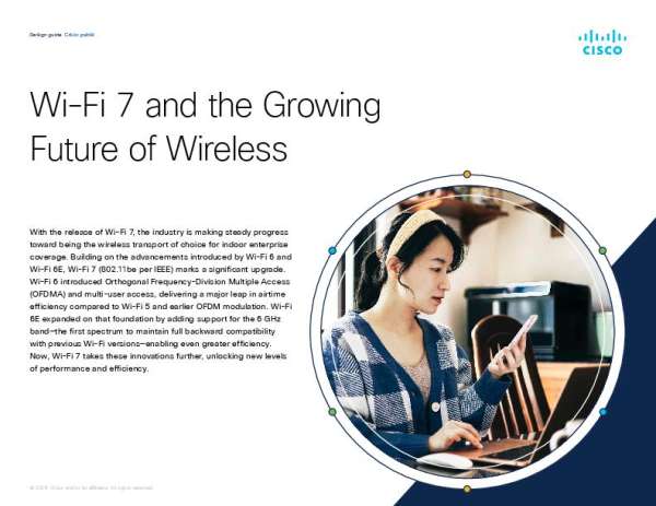 Prepare your network for the latest advancements in wireless technology with the 'Wi-Fi 7 and the Growing Future of Wireless Design Guide' by Cisco. This guide offers a deep dive into the significant upgrade Wi-Fi 7 holds over its predecessors. Built on the impressive foundations of Wi-Fi 6 and Wi-Fi 6E, Wi-Fi 7 opens a new chapter in performance and efficiency. The guide explores the key technologies involved - from Multi-Link Operation (MLO) and Multiple Resource Unit (MRU) to Enhanced Quality-of-Service (QoS) and Preamble Puncturing. By harnessing these features, your organization experiences less waiting, effortless support for diverse smart spaces, and efficient allocation, minimizing wasted spectrum. More than just plugging into higher data rates, this guide ushers you into nuances that significantly enhance your environment's support capabilities. The guide also provides future-proof design considerations that account for spectrum use, infrastructure readiness, security policies, and client capabilities. Equip yourself with Cisco's predictive expertise to enjoy a seamless transition and operational superiority, well before Wi-Fi 7 becomes a commonplace. Contact us today to learn more about Cisco Wi-Fi 7 solutions and to get started today.